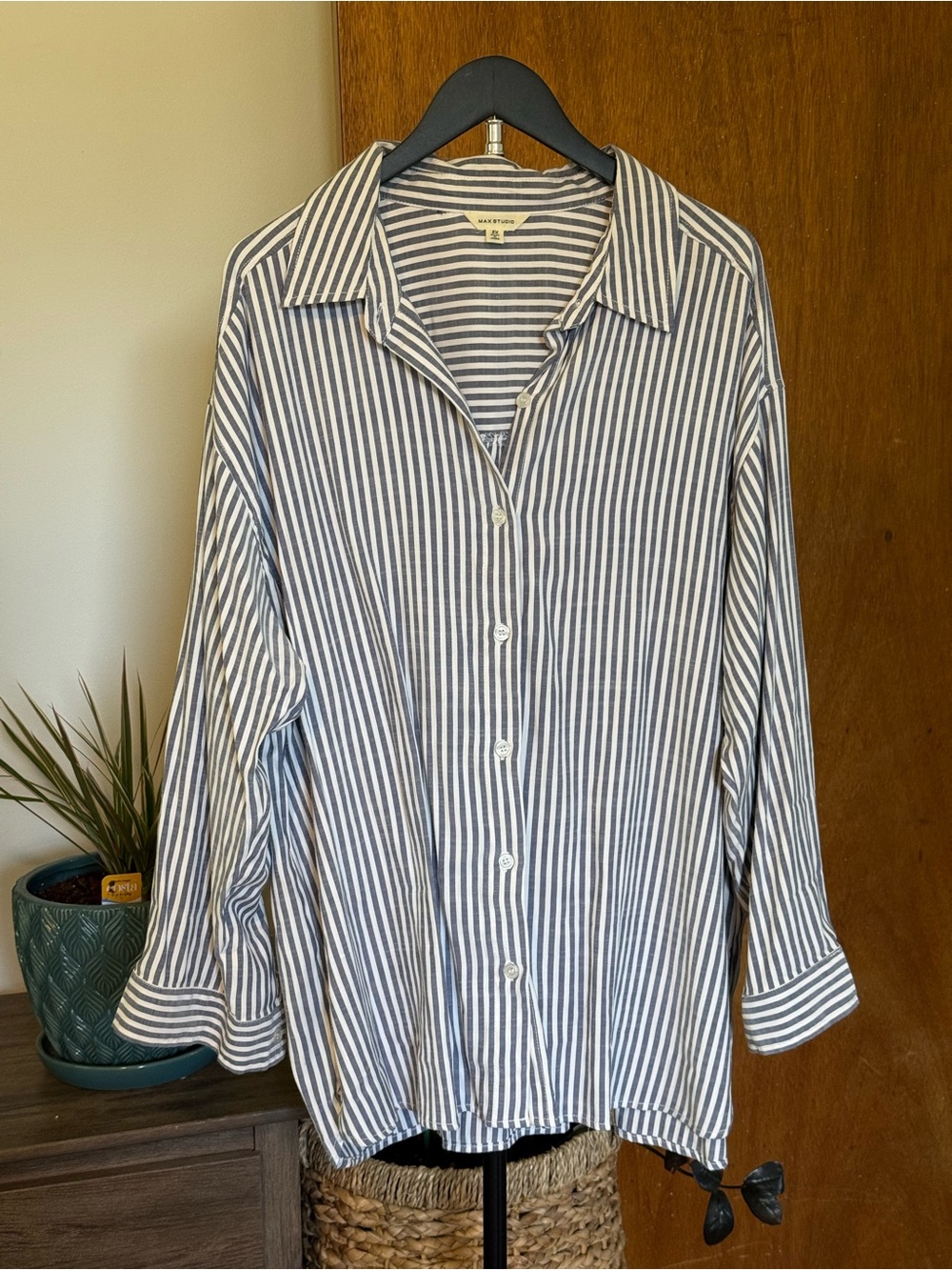Max Studio Blue and White Striped Button-Down Shirt